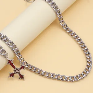 Punk silver chain necklace with red gothic cross pendant and pentagram detail
