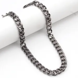 Close-up of gunmetal grey chunky Cuban chain with lobster clasp on a white display