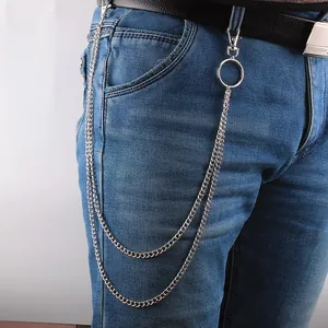 Double layered silver punk hip hop wallet chain with butterfly lock and metal rings