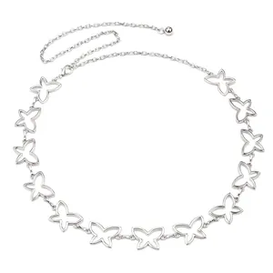 Silver hollow butterfly waist chain belt with heart charms and adjustable lobster clasp