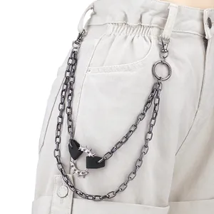 Hip-hop punk double-layer metal wallet chain with spiked ring on white cargo pants