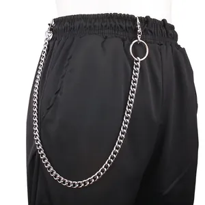 Black pants with punk style silver cross chain and metal ring on elastic waistband