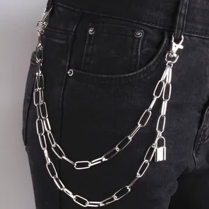 Punk style multi-layer silver pants chain featuring double links and a metal lock pendant