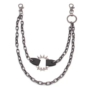 Dual-layer punk box chain trousers accessory with gun-black spikes and metal rings