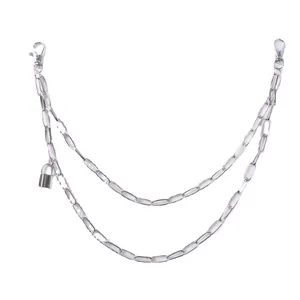 Double-layered silver punk trouser chain with a small padlock pendant and lobster clasps