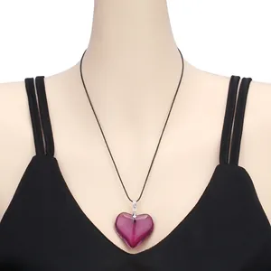 Fashionable purple glass heart pendant necklace with black cord cord for women