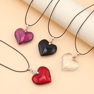 Gothic Heart Pendant Necklace For Women Men Individual Glass Heart Necklaces With Wax Cord Halloween Fashion Jewelry Gift