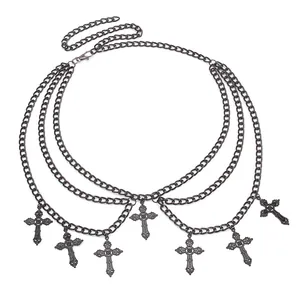 Γοτθική πολυεπίπεδη αλυσίδα μέσης σε gunmetal με σκαλιστά σταυρουδάκια μενταγιόν