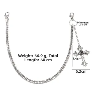 Silver pant chain detail with cross pendant, 60cm length, features black gemstone inlay