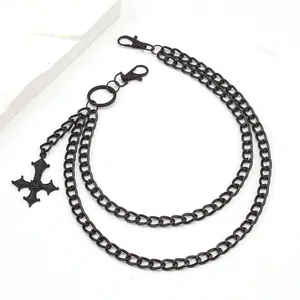 Black multi-layer punk hip-hop trousers chain featuring a gothic cross pendant detail