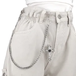 Gothic Punk Silver Metal Pant Chain Hip Hop Waist Chain With Large Rhinestone Cross Pendant Heavy Duty Link Jewelry