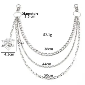 Detail showing three-layer punk hip hop silver chain belts with spider web pendant