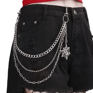 Gothic silver multilayer metal pant chain with spider web pendant for hip hop style