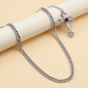 Hip hop punk style curb chain necklace featuring a gothic silver cross pendant with black gem