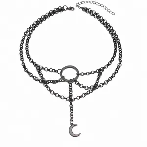 Detail showing Gothic multilayer chain necklace with moon pendant and size specifications
