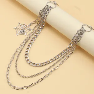 Silver multi-layer punk waist chain featuring spider web pendant and metal link design
