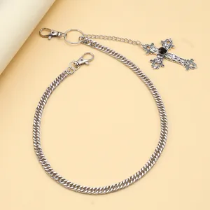 Silver curb chain pants belt with vintage rhinestone cross pendant and lobster clasps