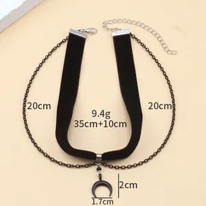 Detailed view of black velvet choker with moon pendant showing length and weight specs