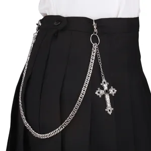 Gothic punk silver metal pants chain featuring a cross pendant with black gemstone