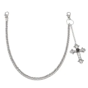 Silver punk hip-hop trousers chain with cross pendant and crystal inlay on white background