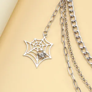 Silver multilayer punk spider web trouser chain with gothic metal links and spider pendant