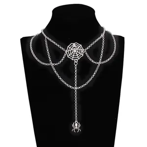 Gothic multilayer silver necklace with spider and spiderweb pendants for women