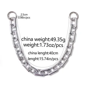 Detailed view of silver metal handbag chain with dimensions and spring ring clasp