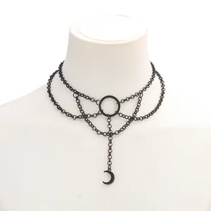 Gothic punk black layered choker necklace with moon crescent pendant and metal ring charm