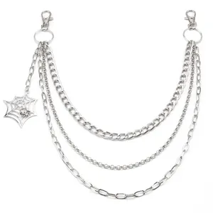 Punk style multi-layer silver metal pants chain with spider web charm and lobster clasps