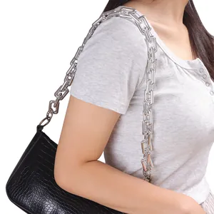 Fashionable black crocodile embossed underarm bag with thick silver chain strap