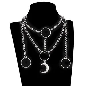 Gothic Multi Layer Crescent Moon Star Spider Web Pendant Necklace For Women Punk Harajuku Silver Black Alloy Choker Jewelry