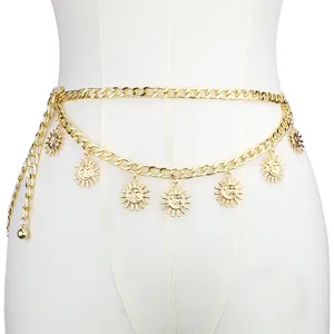 Women Vintage Bohemian Sun Pendant Double Layer Waist Chain Metal Alloy Link Belly Chain Hip Hop Streetwear Accessory Jewelry Belt