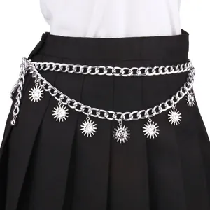 Silver multi-layered punk hip hop body chain featuring sun and moon face pendants