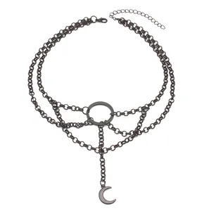 Punk style layered crescent moon pendant necklace with ring links in dark metal finish
