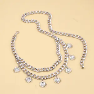 Multi-layer silver metal hip-hop body chain with sunflower smile pendants and lobster clasp