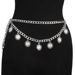 Double-layered silver metal waist chain with sun pattern pendants for women's outfits