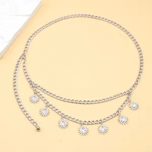 Silver metal waist chain with sun pendants and moon details in double layer style