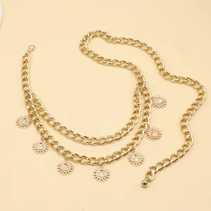 Gold multi-layer hip hop waist chain featuring sunflower pendants and chunky links