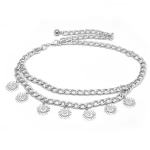Detail of silver double-layered metal waist chain with sun pendants and lobster clasp