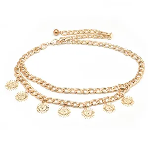 Gold-tone layered chain belt with multiple sun embossed pendants and adjustable clasp