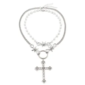 Gothic double layer necklace with pearl chain, silver barbed wire and cross pendant