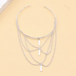 Minimalist silver multilayer choker necklace with tiered chains and rectangular pendants
