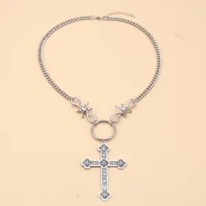 Silver retro cross necklace with pearl pendant and thorn cuban chain details