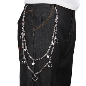 Silver multilayer hip hop pant chain with star pendants on black denim jeans