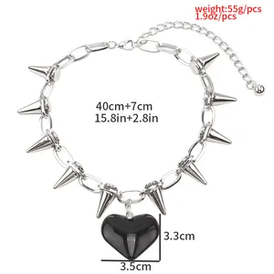 Detailed view of silver chain necklace with black heart pendant showing dimensions and weight