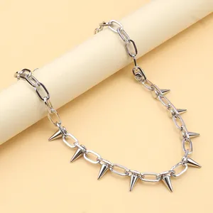 Punk silver metal chain necklace featuring spiked cone pendants for gothic fashion