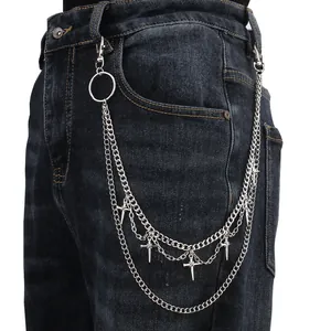 Hip Hop Punk Metall Doppellagig Kreuz Anhänger Hosenkette Silber Gothic Y2K Wallet Gürtelkette Für Herren Damen Schmuck