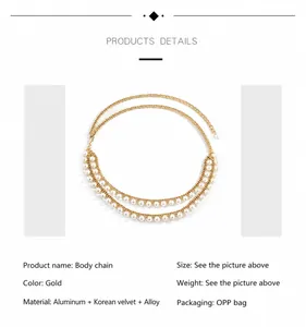 Detail view of multi-layer gold body chain with faux pearls showing 105cm length specifications