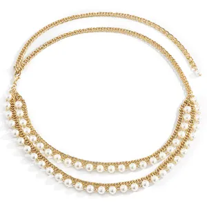 Multi-layer gold metal chain body jewelry with faux pearls and adjustable lobster clasp