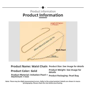 Detail view of adjustable gold pearl waist chain with multi-layer metal sizing guide